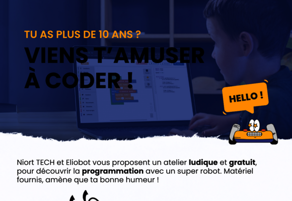 Affiche Niort TECH avec la mascotte Eliobot souriante et un enfant codant sur un ordinateur portable - Agrandir l'image, fenêtre modale