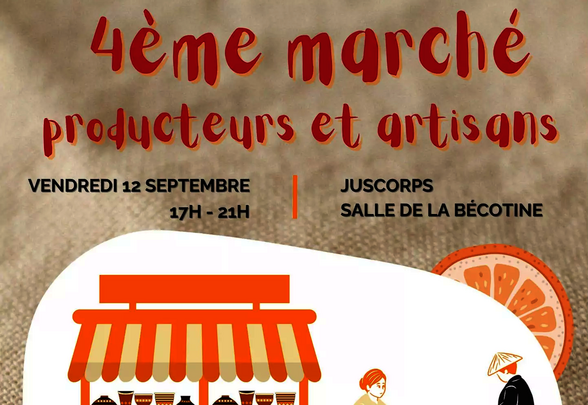 Affiche du marché producteurs et artisans, salle de la Bécotine à Juscorps, 17h-21h, moules-frites sur réservation et grillades - Agrandir l'image, fenêtre modale