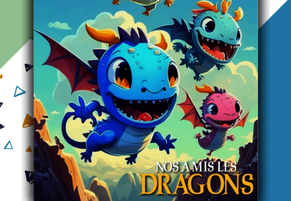 Affiche du spectacle figurant quatre petits dragons souriants en style dessin animé s'envolant dans un ciel bleu - Agrandir l'image, fenêtre modale