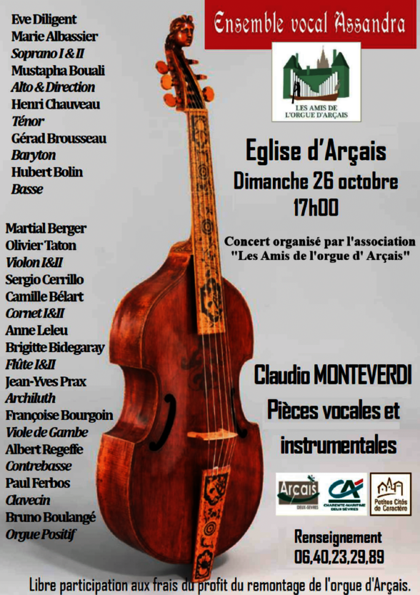Affiche annonçant le programme : pièces vocales et instrumentales de Monteverdi, avec liste des musiciens de l'ensemble - Agrandir l'image, fenêtre modale