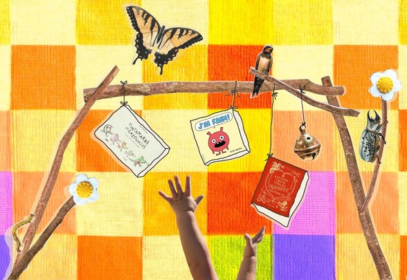 Mains de bébé tendues vers des livres illustrés suspendus à une branche, avec papillon et oiseau sur fond à carreaux colorés - Agrandir l'image, fenêtre modale
