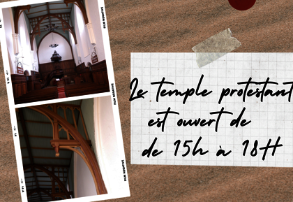 Intérieur du temple protestant niortais, nef et charpente en bois ; Eglise Protestante Unie du Pays Niortais, tél. 05 49 24 10 44 - Agrandir l'image, fenêtre modale