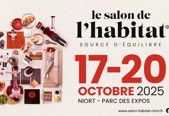 Édition du 17 au 20 octobre 2025 au Parc des Expos de Niort, visuel en forme de maison composé d'objets et équipements du quotidien - Agrandir l'image, fenêtre modale