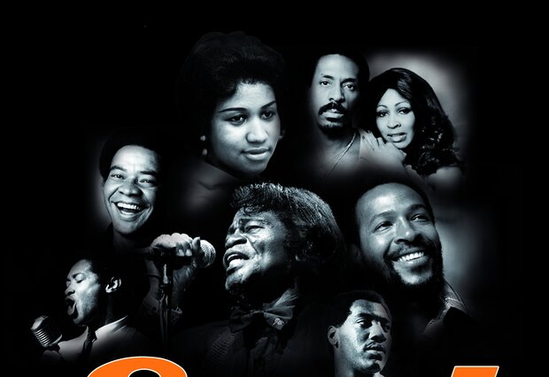 Affiche avec portraits en noir et blanc de légendes de la soul : James Brown au micro, Aretha Franklin, Ike & Tina Turner et d'autres figures
