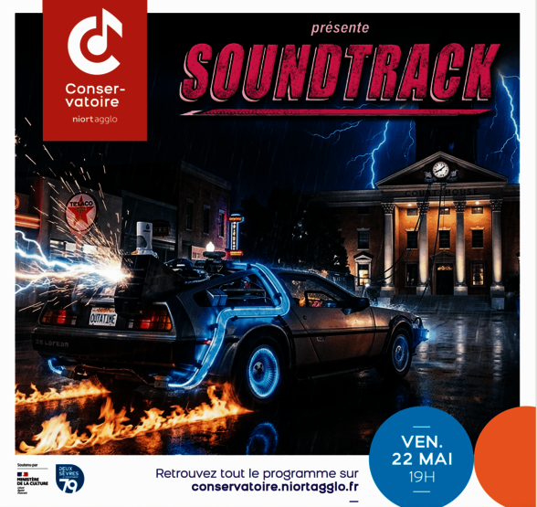 Affiche de concert : DeLorean de Retour vers le Futur sous la foudre et les éclairs, vendredi 22 mai à 19h, Conservatoire Niort Agglo - Agrandir l'image, fenêtre modale