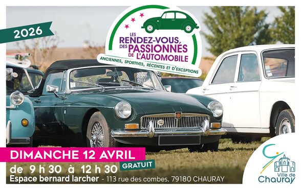 Affiche annonçant l'événement le dimanche 12 avril 2026, de 9h30 à 12h30, entrée gratuite, avec un cabriolet de collection vert - Agrandir l'image, fenêtre modale