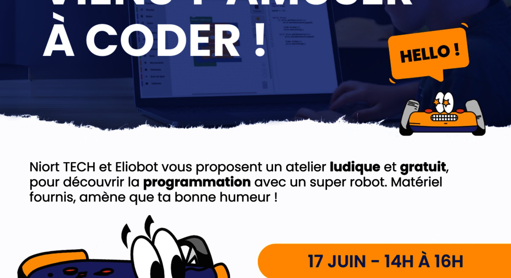 Niort TECH & Eliobot – atelier codage gratuit pour les +10 ans avec le robot Elio, 17 juin de 14h à 16h