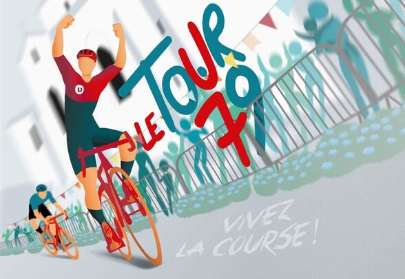 Affiche du Tour 79 : cycliste les bras levés en signe de victoire, spectateurs le long des barrières, slogan « Vivez la course ! » - Agrandir l'image, fenêtre modale
