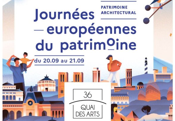 Affiche officielle – thème Patrimoine architectural – du 20 au 21 septembre, sur fond de monuments illustrés - Agrandir l'image, fenêtre modale