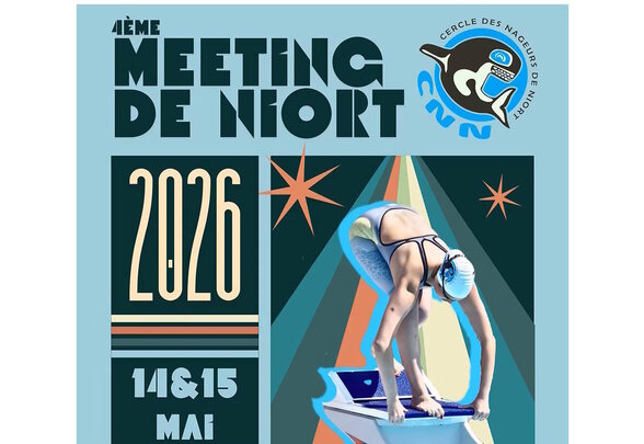 Affiche du 4ème Meeting de Niort, organisé par le Cercle des Nageurs de Niort les 14 et 15 mai 2026, bassin 50m extérieur, séries et finales. - Agrandir l'image, fenêtre modale