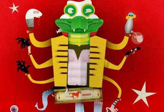 Affiche du spectacle : personnage fantastique à multiples bras tenant araignée, chauve-souris et rat sur fond rouge étoilé - Agrandir l'image, fenêtre modale