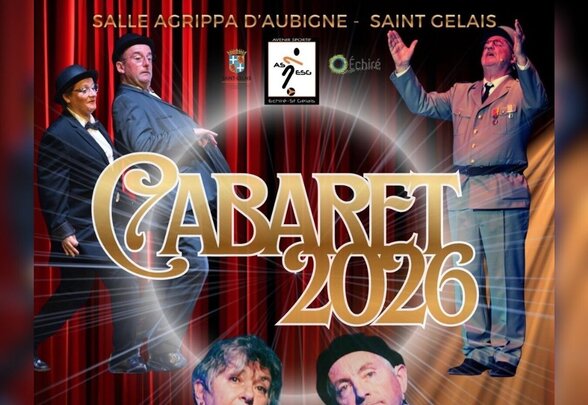 Affiche Cabaret 2026 avec artistes en costumes de scène et tarifs : de 7 € à 25 € selon la séance choisie - Agrandir l'image, fenêtre modale