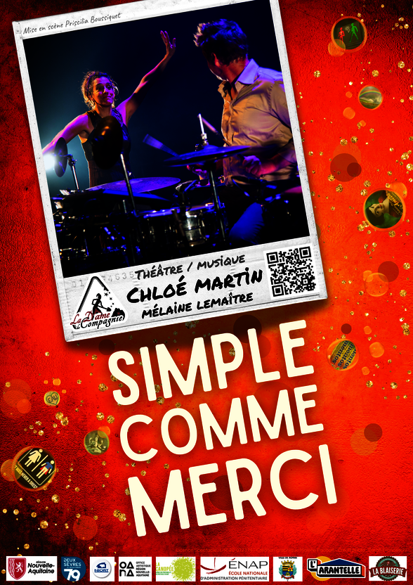 Affiche théâtre/musique : duo comédienne et percussionniste en pleine performance scénique, fond rouge vif. - Agrandir l'image, fenêtre modale