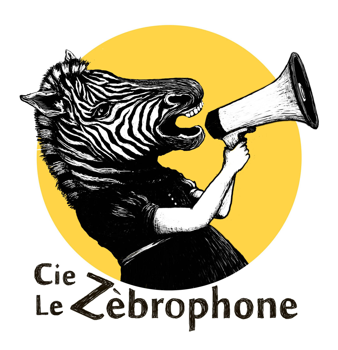 Logo de la Compagnie Le Zèbrophone : zèbre tenant un mégaphone sur fond de disque jaune
