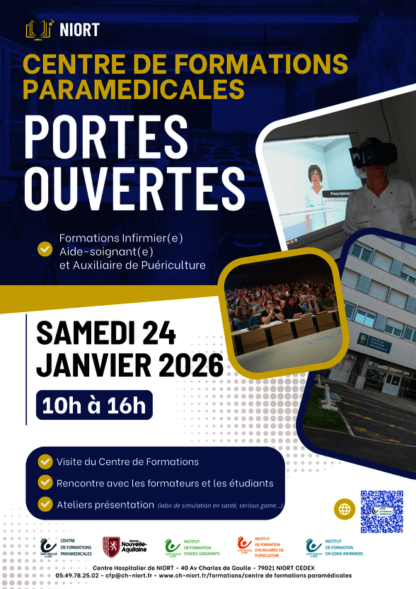 Affiche : samedi 24 janvier 2026, 10h-16h au CH de Niort — visites, rencontres avec formateurs et ateliers simulation en santé - Agrandir l'image, fenêtre modale