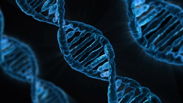 Modélisation 3D de brins d'ADN en double hélice lumineux sur fond sombre, symbolisant la génétique - Agrandir l'image, fenêtre modale