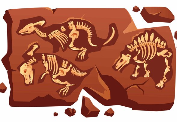 Squelettes de trois dinosaures fossilisés en relief dans des blocs de roche rouge, représentation graphique stylisée - Agrandir l'image, fenêtre modale
