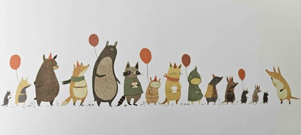 Cortège d'animaux illustrés portant des ballons rouges et des cadeaux, coiffés de chapeaux de fête - Agrandir l'image, fenêtre modale