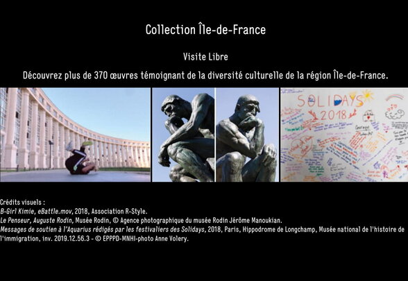 Affiche de l'exposition : performance de danse au sol, sculpture Le Penseur de Rodin, messages Solidays 2018 - Agrandir l'image, fenêtre modale