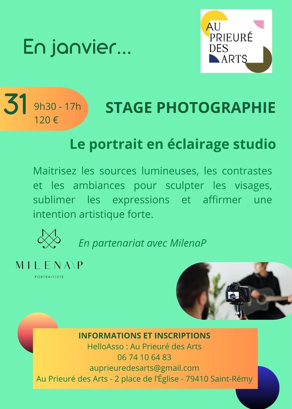 Affiche du stage portrait en éclairage studio le 31 janvier, 9h30-17h, 120 €, Au Prieuré des Arts à Saint-Rémy - Agrandir l'image, fenêtre modale