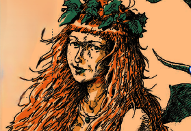 Mélusine, fée hybride couronnée de lierre, longue chevelure rousse et serpent vert en arrière-plan - Agrandir l'image, fenêtre modale