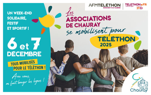 Affiche du Téléthon 2025 : participants bras dessus bras dessous, logos AFM Téléthon et Ville de Chauray - Agrandir l'image, fenêtre modale